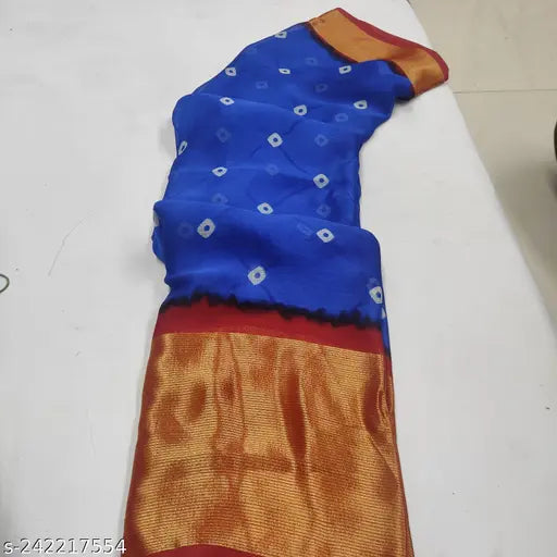 Elegant chiffon printed saree with blouse, single bhandhani print in free size, beautiful pallu design, Indian origin