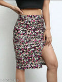 Printed net midi skirt for women, fancy side cut design, polyester material, available in sizes 26, 28, 30, and 32 inches