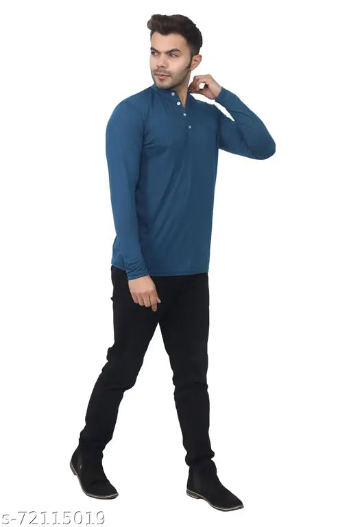 Stylish cotton blend long sleeves men's t-shirt, solid design, size S (36in x 26in), made in India
