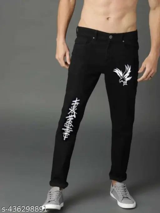 Black denim eagle print skinny jeans
