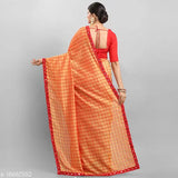 Tulip print Vichitra silk half-saree with mirror lace border, solid blouse piece for free size Indian traditional outfit