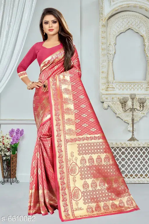 Banarasi Art Silk saree with zari woven pattern and running blouse, single free size from Gazal Fashions, India