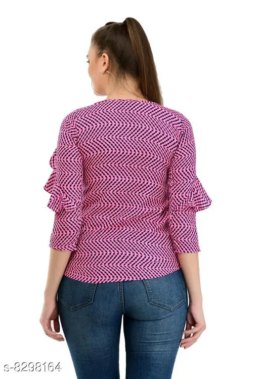 Multi-printed polyester top for women, three-quarter sleeves, size S (36in bust, 25in length)