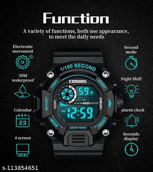 Black high-grade silicone sport watch with led calendar, digital display and waterproof case