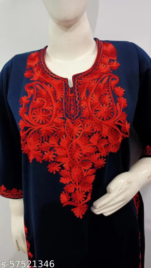 Navy blue woolen kurti with embroidery and lace detail