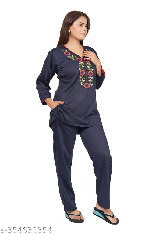 Woolen winter fleece night suit, Radhika brand, embroidered top & pyjamas with pocket, three-quarter sleeves, perfect for daily winters' use