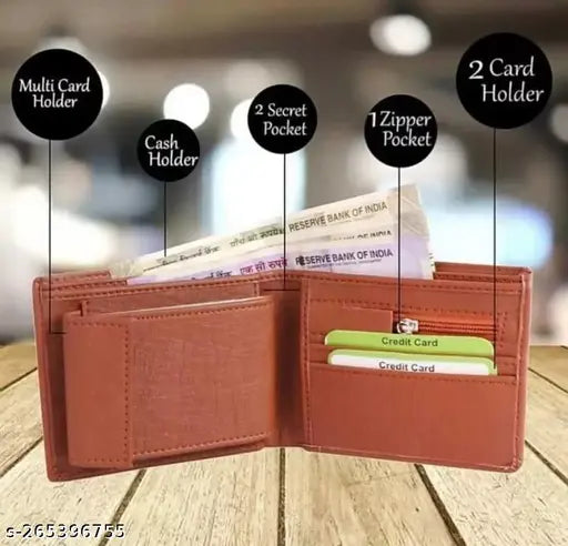 Tan PU leather men's wallet by Zhermack, features 10 card slots, trendy design, regular size (11x9 cm), ideal for gifts