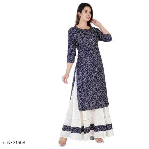 Rayon kurta set with skirt, printed net pattern on Jivika Superior Women's three-quarter sleeves ensemble