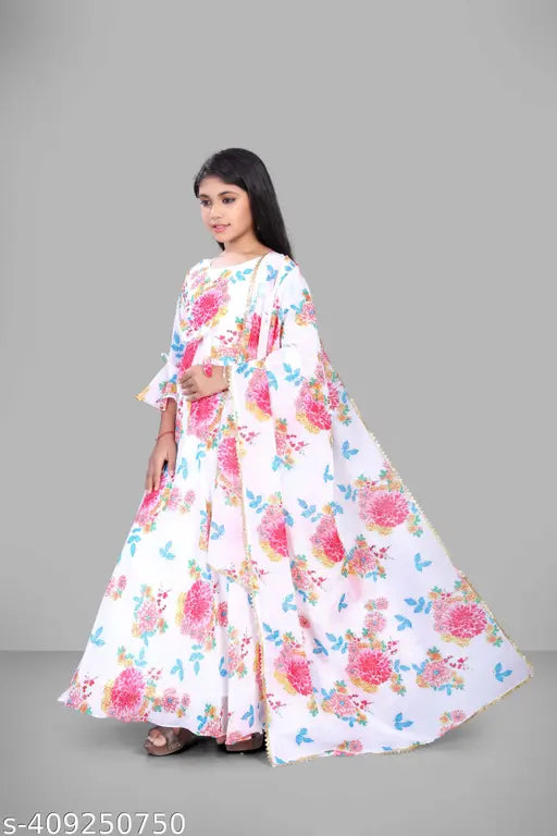 Girl's long pink and blue floral dress with cap sleeves
