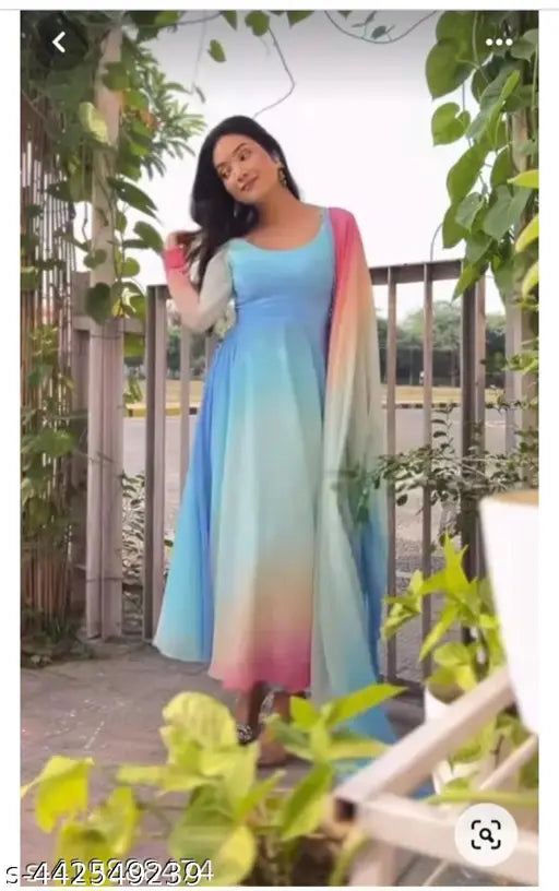 Georgette Anarkali dress and dupatta, solid-patterned Indian traditional wear for women, three-quarter sleeves