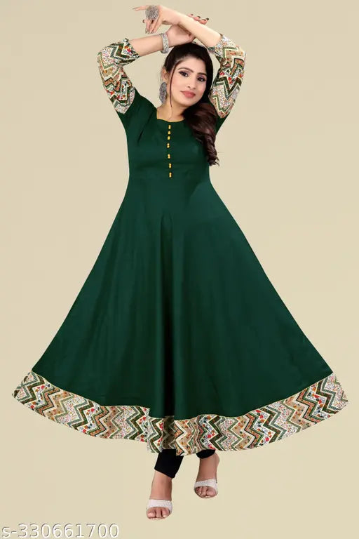 DARK GREEN rayon Anarkali kurti with solid border, three-quarter sleeves - casual, versatile Indian dress, great for office or social occasions