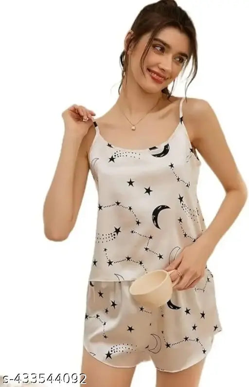 Cotton blend baby doll nightsuit with printed top & shorts, trendy round neck and short sleeves. India origin