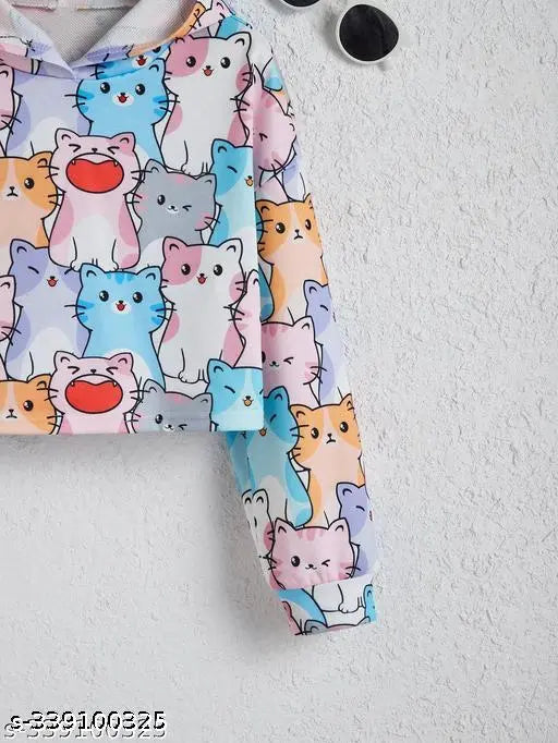 Cotton blend cat printed crop top hoodie for girls, long sleeves, variety of sizes available (4-5 years - 16 years)