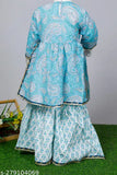 Blue cotton Spack Jerrow floral printed kurti sharara set for baby girls, vibrant and comfortable ethnic attire with gota patti and dori details, suitable for Indian festivals like Diwali, Janmashtami, rakhi etc