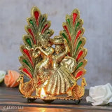 Radha Krishna peacock idol set, gold-plated metal for home temple, office, gifting purpose. Size: L14x10x20cm RKMP. Traditional design, antique finish. Ideal gift for worship or home decor. Handcrafted in India