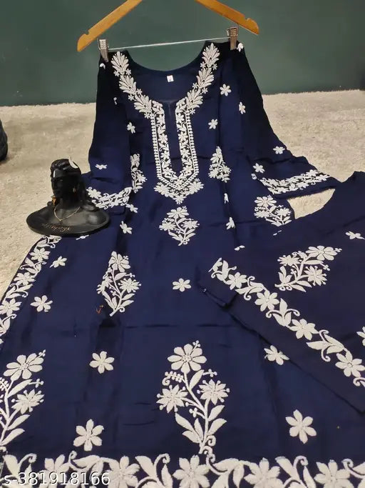 Embroidered Rayon Kurti & Plazzo Set - heavy chikankari work on three-quarter sleeves Indian attire