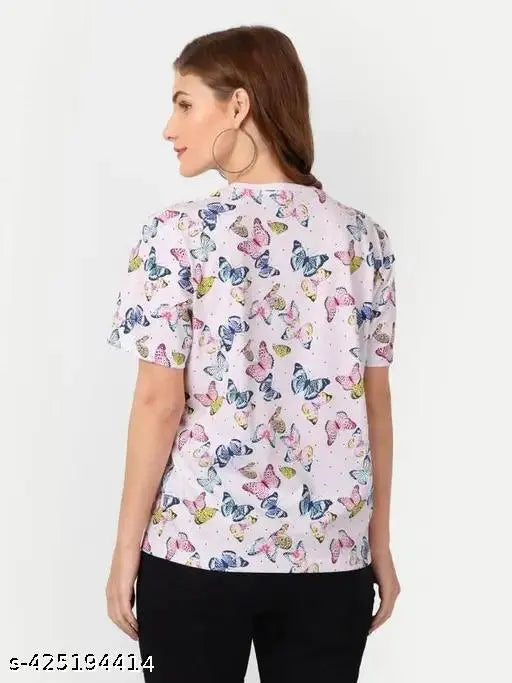 Printed Lycra t-shirt for women, short sleeves, vibrant pattern, size M, made in India