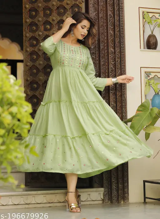 Rayon embroidered Anarkali kurta for women, three-quarter sleeves, limited stock available