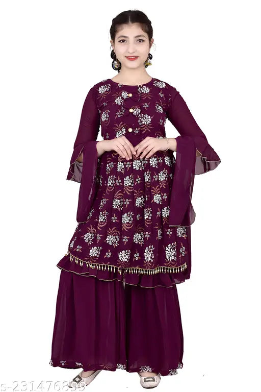 Georgette girls sharara set with printed kurti pant & duppatta, size 7-8 years