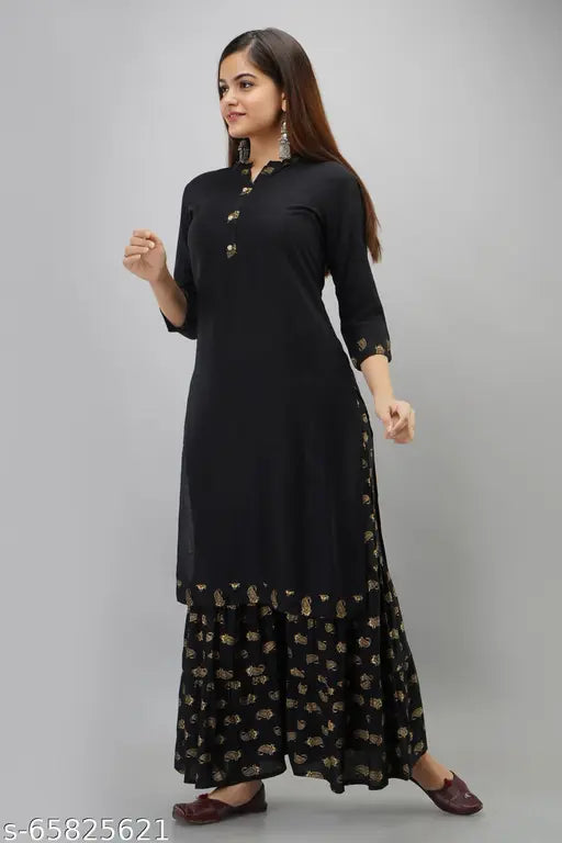Festive womens rayon long kameez party kurta, black embroidered border with matching pants