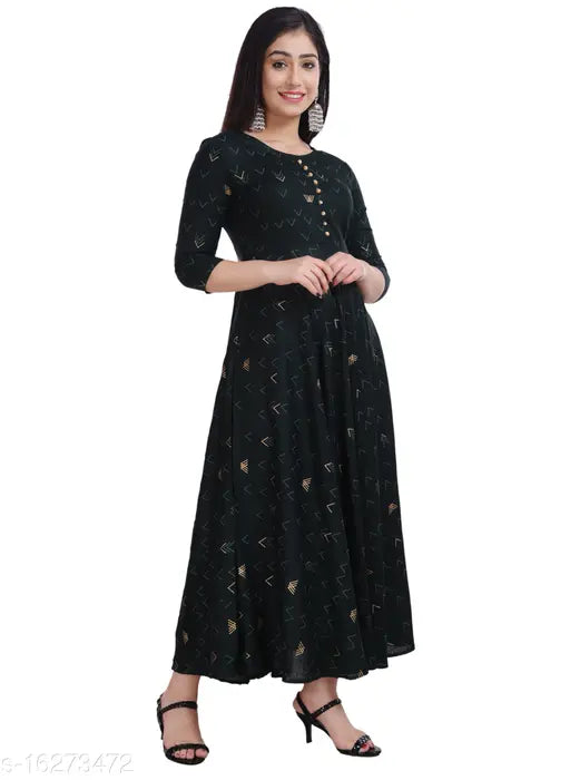 Green Rayon Anarkali Dress with Potli Gold W Print, Demirner_1001, three-quarter sleeves, size options available