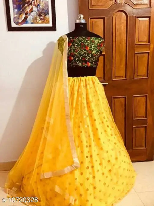Yellow embroidered net lLehengas with dupatta, traditional Indian bridalwear for haldi and weddings