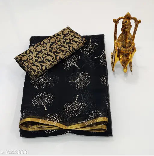 Voguish chiffon saree with jacquard blouse, foil printed net, Indian origin