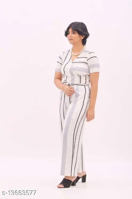 White poly crepe Coccon jumpsuit with V-neck and striped pattern, suitable for women's size S, M, or L