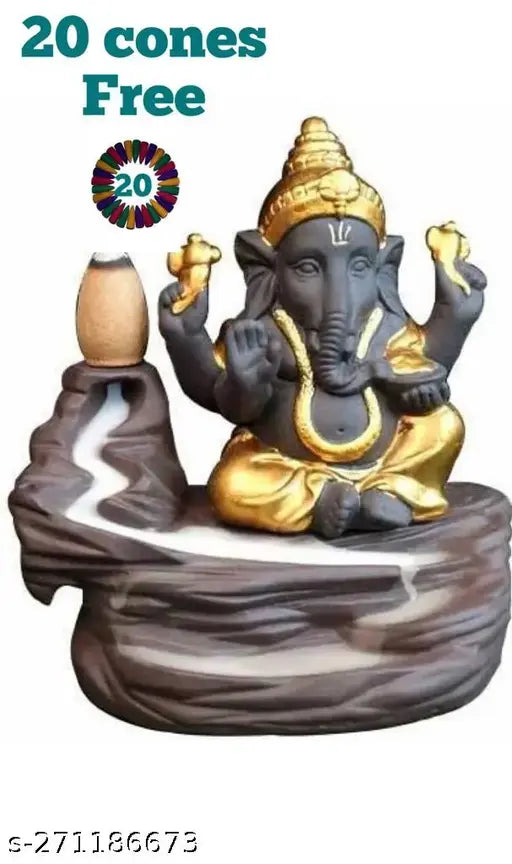 Handcrafted resin Ganesha water fountain backflow incense burner with 20 smoke backflow incense cones, ideal for home decor and spiritual occasions