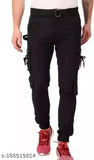 Men's black cotton-blend cargo jeans, solid design for modern style. Size 28/30/32/34 (waist 28in/30in/32in/34in, length 41in, hip 32in/34in/36in/38in). Made in India