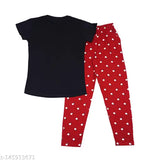 Black cotton women's half sleeve round neck t-shirt night dress with polka dot pants