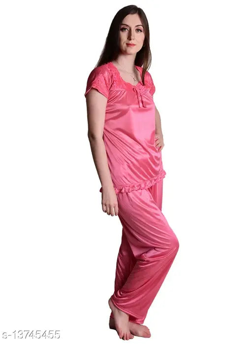 Satin Maroon & Navy Pyjama Set (3 Pack) - Women's Solid Half-Sleeve in Coral Pink