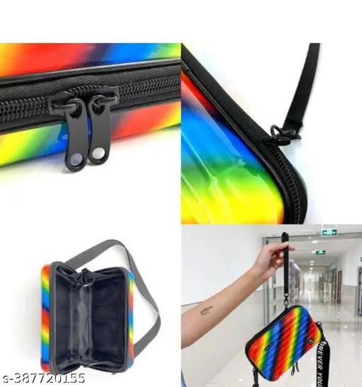 Designer women slingbag, multi-colored, fabric material, zip closure
