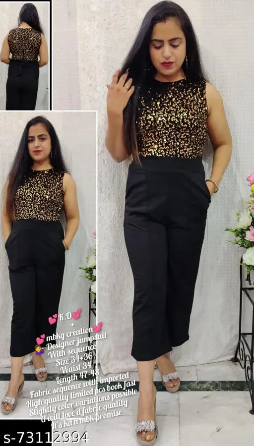 Golden cotton blend sleeveless jumpsuit with self-design net sequence, size S (34in bust, 47in length), Made in India