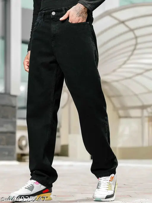 Men's black cotton blend jeans, solid pattern denim for men in sizes 28, 30, 32, and up. Made in India