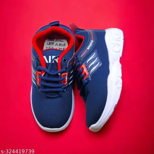 Navy blue and white sneakers with red accents, lace-up closure