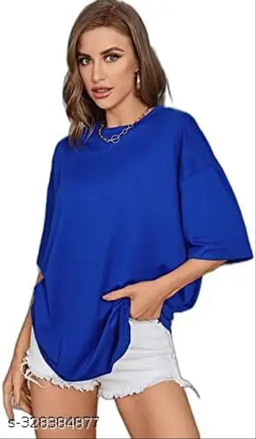 Blue VC cotton round neck women's off-shoulder blouse