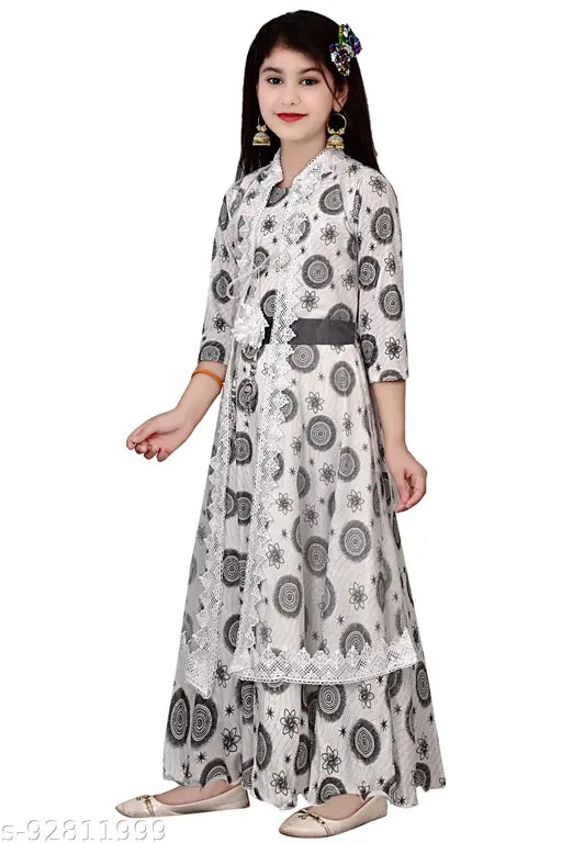 Silk three-quarter sleeve printed net party dress for girls, India-origin full length gown for cute kids sizes 3-4 years to 10-11 years
