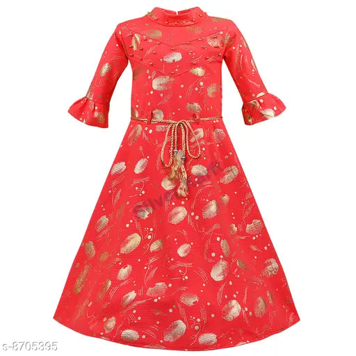 Silver and kraft party wear dress for baby girls, with a decorative waist ribbon