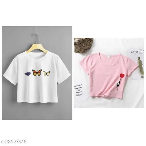 Cotton short-sleeve printed t-shirts for women, fancy sensational style in various sizes S-XL, Indian origin