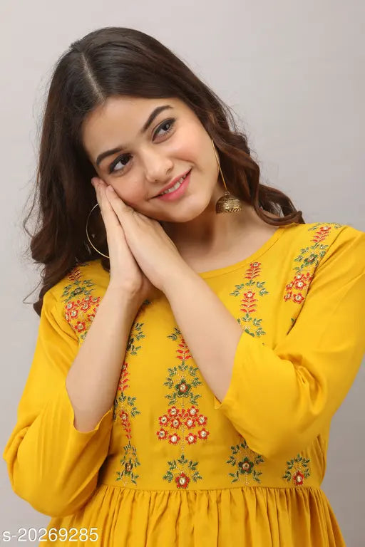 Yellow rayon anarkali dress with floral embroidery, short sleeves and V-neck