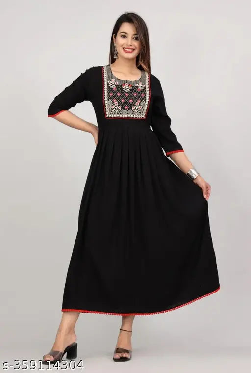 Black Rayon Maternity Gown with Embroidery, perfect for single ladies in various sizes M-XXL. Hand wash recommended." (124 characters)