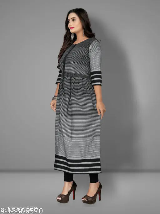 Women's striped cotton flared kurti with three-quarter sleeves, perfect for a vibrant Indian ensemble. Single size options available: M, L, XL, XXL, XXXL (Origin: India)