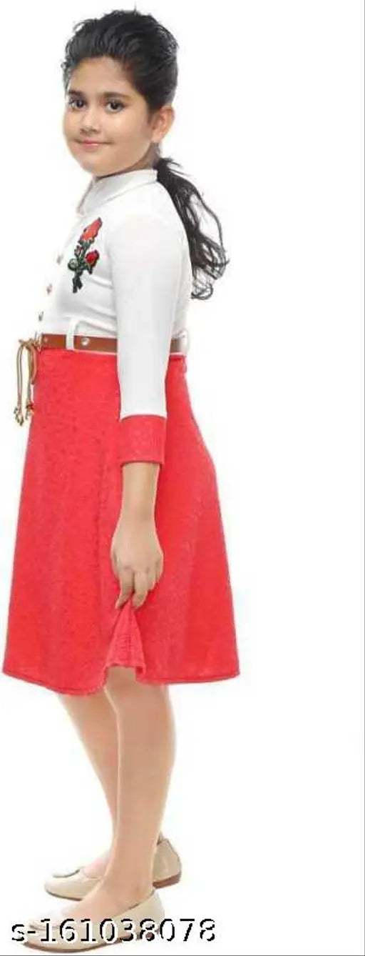 Red dress with white trim and black belt, girl standing