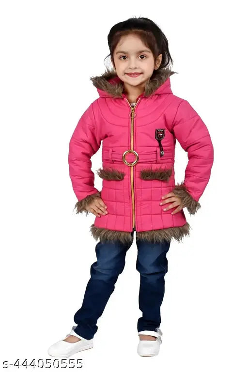 Girl in pink coat, black fur trim and faux fur lining