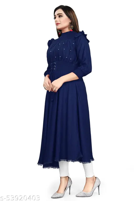 Blue cotton kurtis, three-quarter sleeves, solid design. Maxi length, empire style dress for regular fit. Hand wash only, imported heavy material with stretch