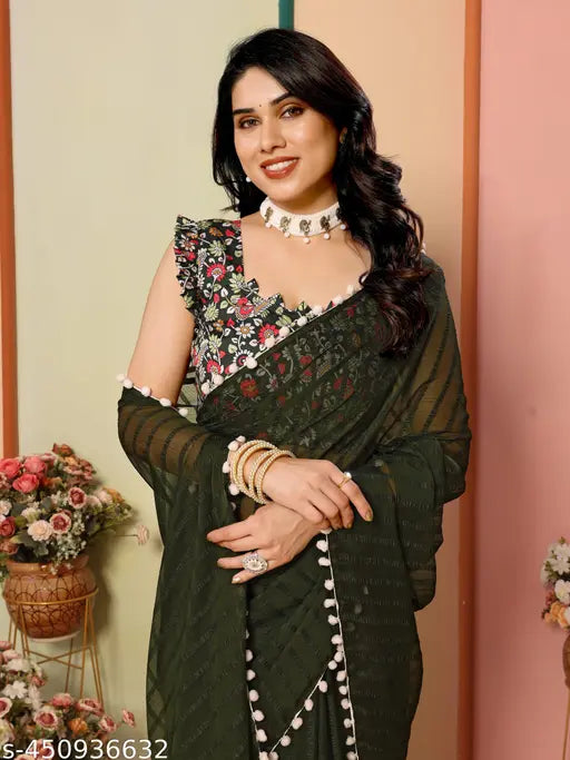 Black satin sari with silver border and embellishments