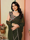 Black satin sari with silver border and embellishments