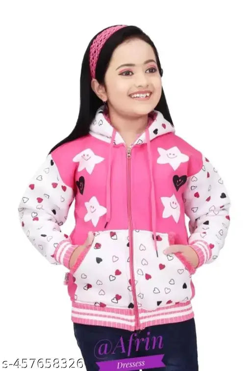 Kids girls winter cotton hoodie jacket with printed net design, available in sizes from 0-6 months to 15-16 years