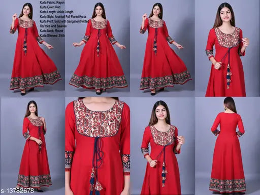 Red rayon Anarkali kurta with free mask, printed combo on ankle length skirt and three-quarter sleeves - Indian fashion